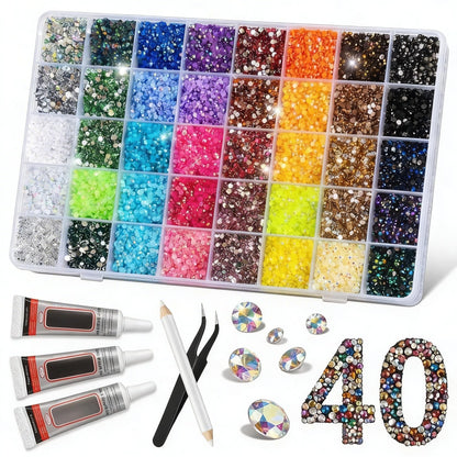 32000Pcs 40 Colors Resin Jelly Rhinestones for Bedazzling, 3mm Flatback Gems Kit for Crafting, Complete Bedazzle Kit for Clothes Shoes Nail Art with Glue and Tools
