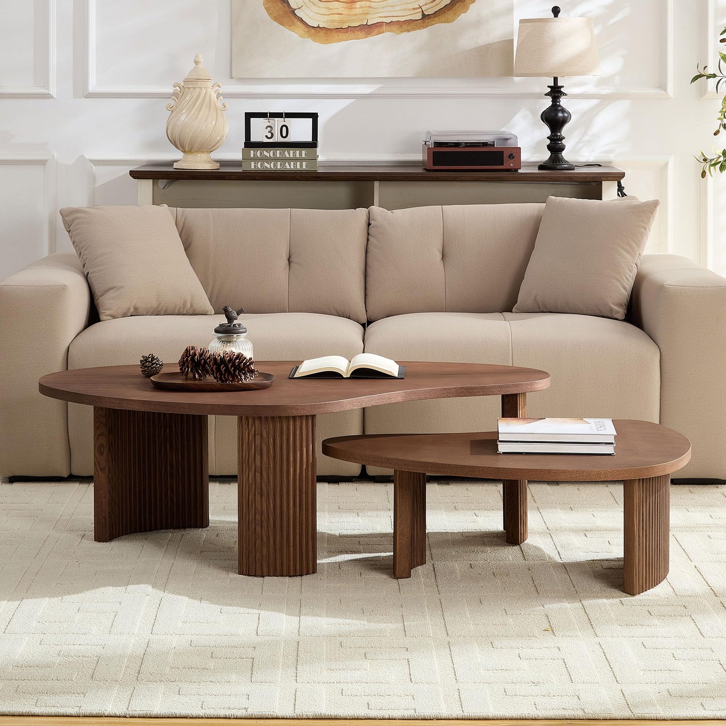 KEIKI Modern Style Wooden Nesting Coffee Table Set of 2, Irregular Shape MDF Coffee Table with Embossed Legs, Easy Assembly, for Living Room, Bedroom, Reception Room, Office, Walnut