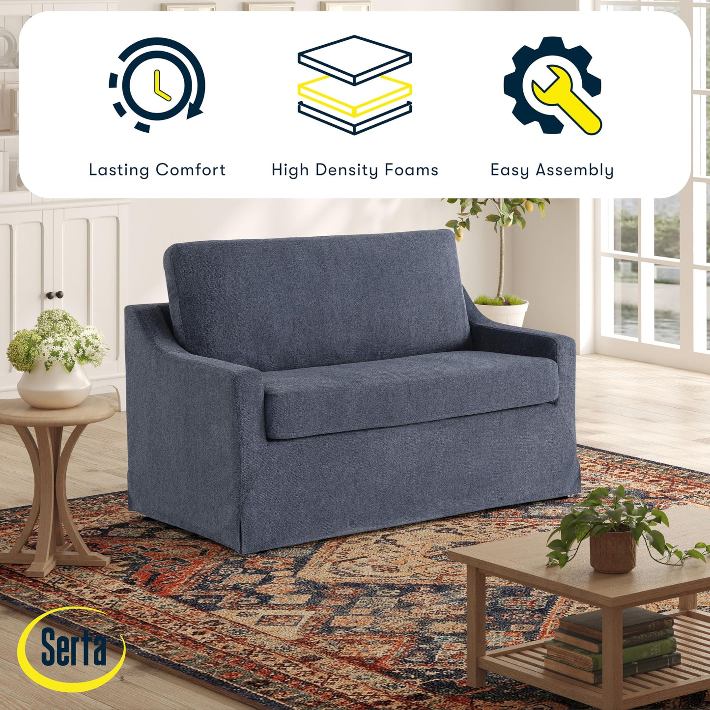 Serta® Harper 53.3” Twin Pullout Sofa Bed, Easy Assembly, USB Power Ports, Soft Modern, Sloped, Woven Fabric