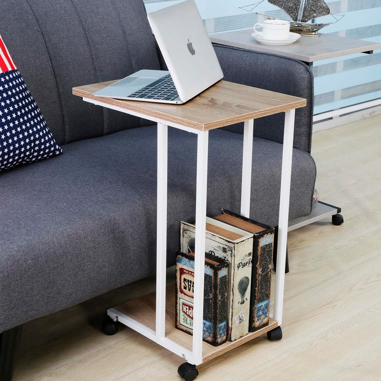 Compact Oak/Wht C Table for Sofa - Ideal Snack & Laptop Stand for Small Spaces