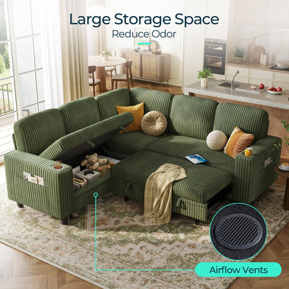 LINSY HOME Sectional Sleeper Sofa with Storage Chaise & USB Charging, Convertible Pull Out Couch Bed Plush Corduroy Modular Sectional Couches for Living Room Apartment (Green)