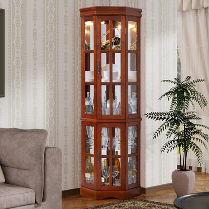 Corner Curio Cabinet with Lighting System, Adjustable Tempered Glass Shelves and Acrylic Mirror Back for Display, Compact Corner China Cabinet for Living Room (E26 Bulb Not Included) (Dark Walnut)