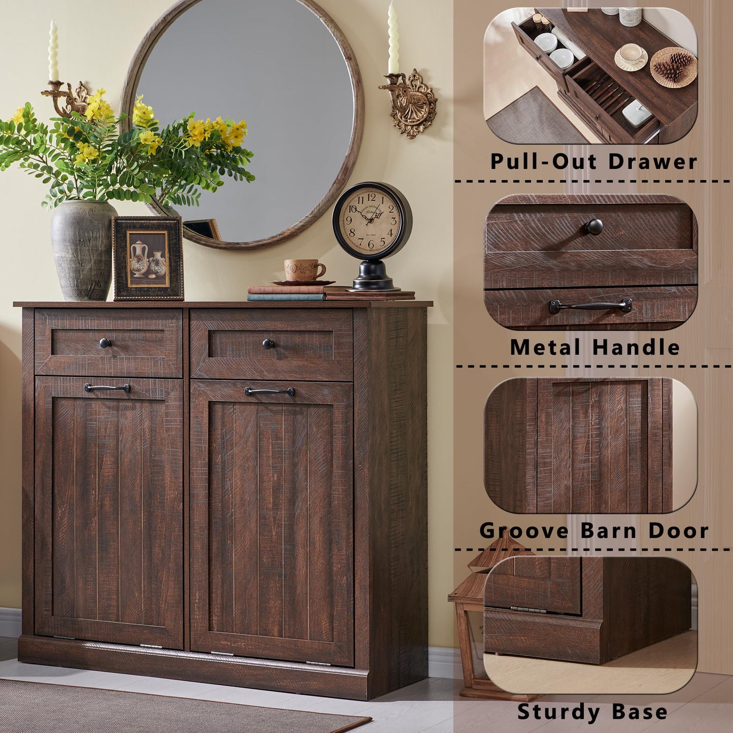 IFGET Double Tilt Out Trash Cabinet, 20 Gallon Farmhouse Laundry Hamper Cabinet with 2 Drawers, Hidden Wooden Trash Can Cabinets with Storage Basket for Kitchen, Living Room (Brown)