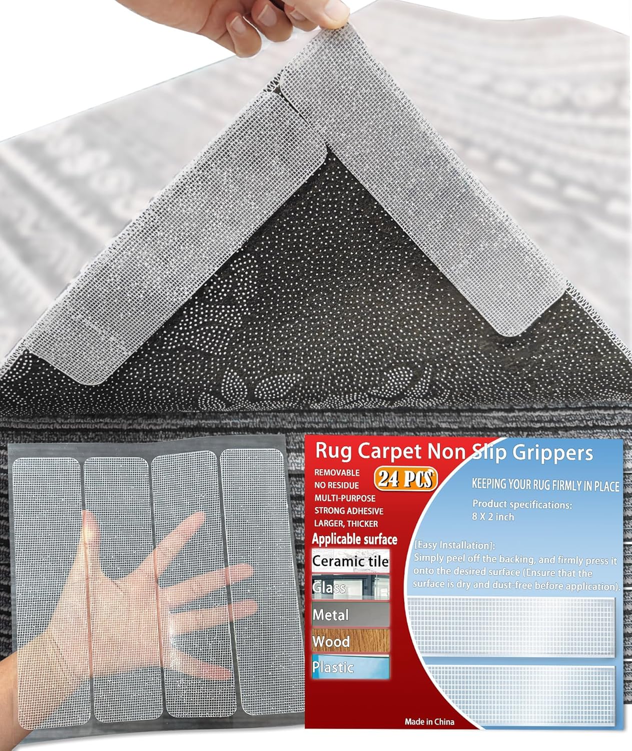 Rug Carpet Non Slip Grippers, 24Pcs Large Carpet Tape Pads, Reusable Strong Adhesive for Floor