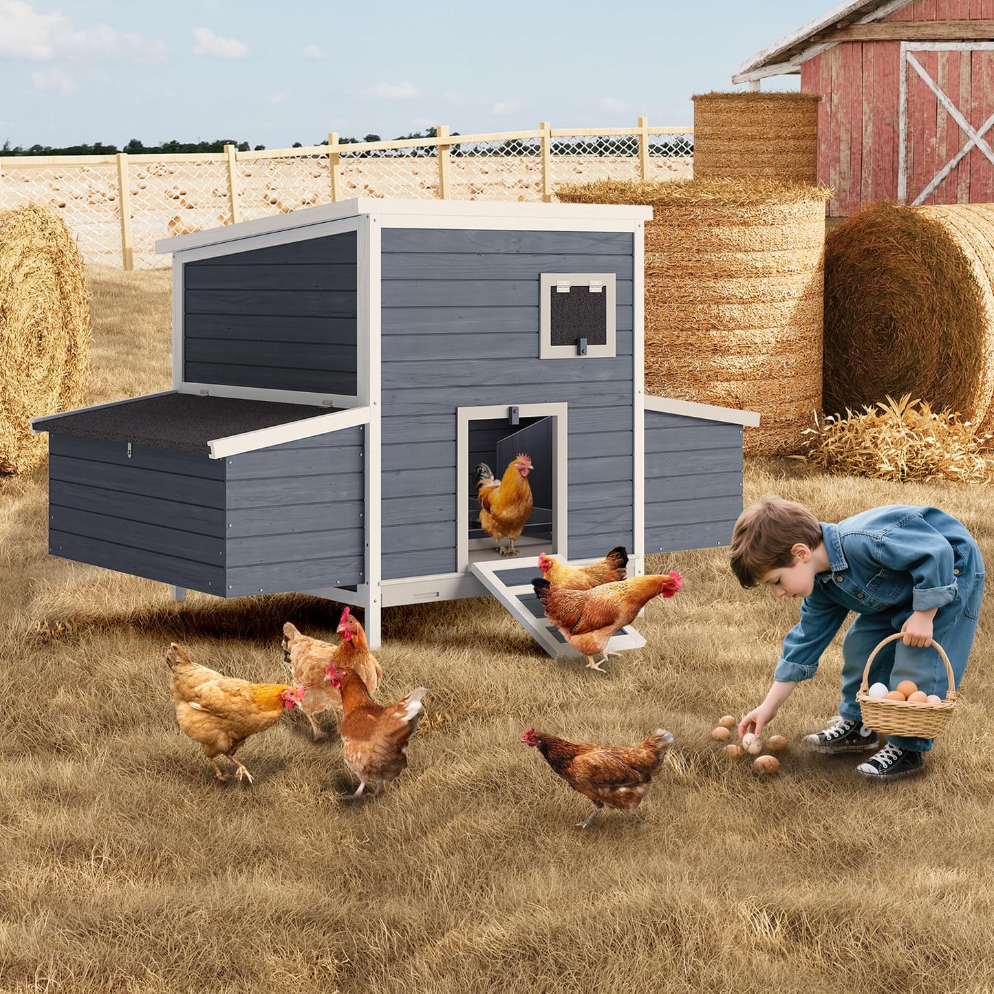 GarveeTech Wooden Chicken Coop with Nesting Boxes & Lockable Doors, Outdoor Chicken House, Weatherproof Roof Pet Cage for Guinea Pig, Rabbit, Duck - 62.2x38.6x38.6 in
