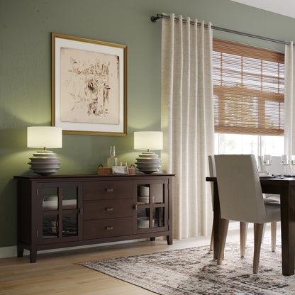 SIMPLIHOME Artisan Buffet - 60 inch Wide Solid Wood 3-Door Sideboard Buffet in Dark Chestnut Brown, Contemporary Storage Cabinet for Dining Room or Kitchen with Adjustable Shelves and Bronze Hardware
