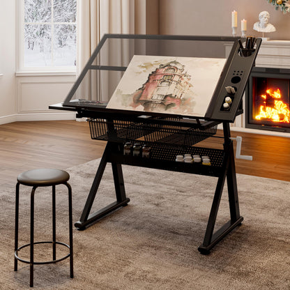 GOLGAILY Rated 72" Adjustable Drafting Table with Tempered Glass Top Black Metal Frame 40.15" L x 23.62" W