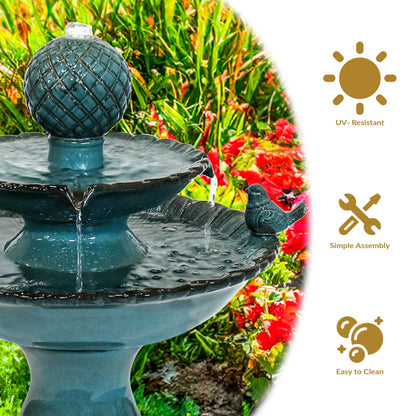 Sunnydaze 27" H 2-Tier Ceramic Water Fountain - Outdoor Water Feature for Patio, Yard, Balcony - Garden Fountain - Blue