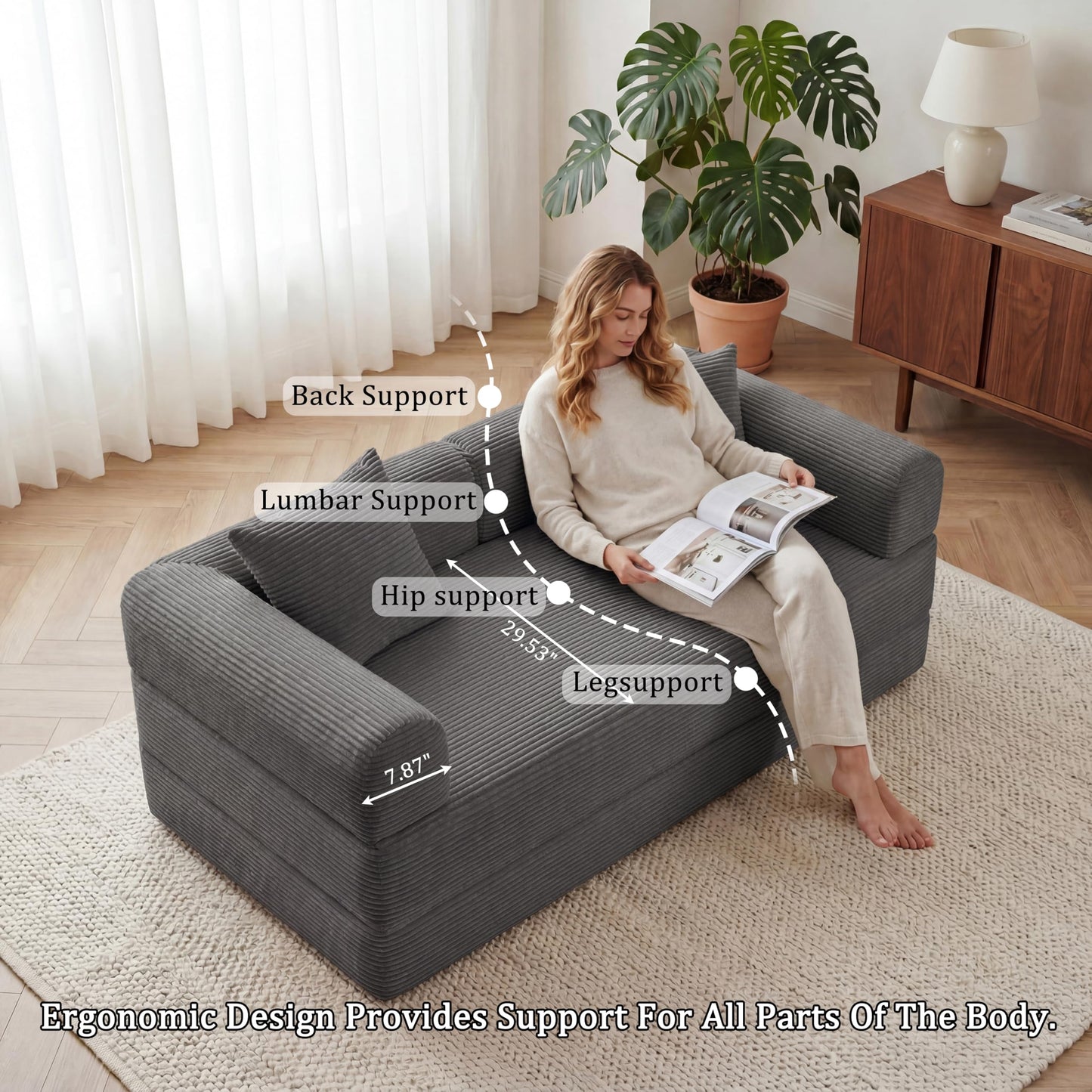 HouseMila 59" Boneless Couch,4-in-1 Futon Sofa Bed Modular Loveseat Sleeper Folding Compressed Couch with Pillows,No Assembly Required Convertible Sofa Bed for Living Room Bedroom Guest Room,Grey