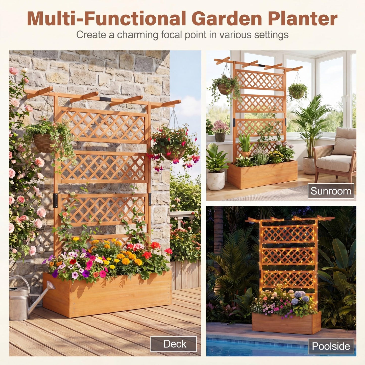 COSTWAY Wooden Raised Garden Planter with Trellis and Roof, 72" Freestanding Privacy Screen & Climbing Plant Support for Outdoor Patio, Balcony, Vegetable, Herb, and Flower Gardening (Brown,2)