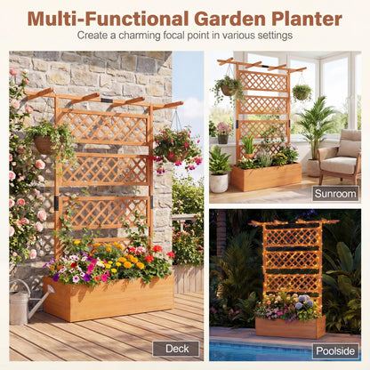 COSTWAY Wooden Raised Garden Planter with Trellis and Roof, 72" Freestanding Privacy Screen & Climbing Plant Support for Outdoor Patio, Balcony, Vegetable, Herb, and Flower Gardening (Brown,2)