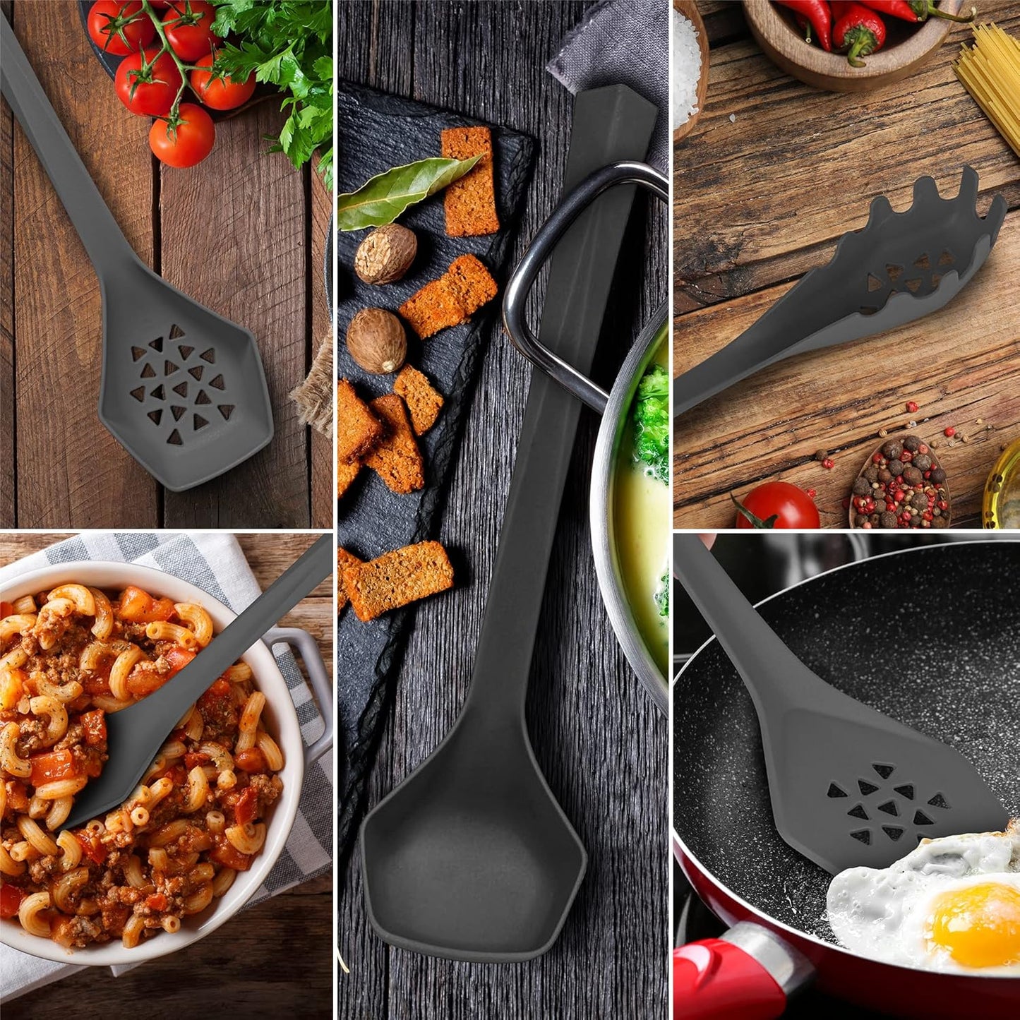 DFACKTO Heavy Duty Kitchen Utensils Set, 6 pc Nonstick Nylon, High Heat Resistant for Cooking (Gray)