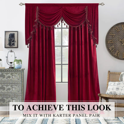 NICETOWN Blackout Kitchen Tier Curtains - Rod Pocket Waterfalll Valance/Swags for Basement Thermal Insulated Luxury Thick Chenille Curtain Valances for Bedroom (1 Panel, 39 Inches Wide, Red)