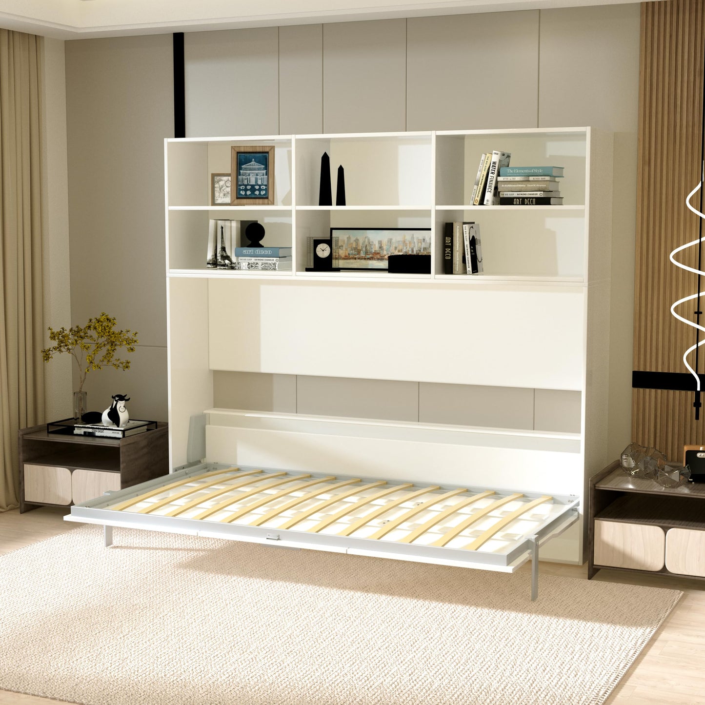 Ball & Cast Horizontal Murphy Bed Twin Size with Shelf Storage,Mordern Design Hideaway Cabinet Wall Bed w Gas Struts,Wood Folding Space-Saving Furniture for Bedroom,Student Dorms,White