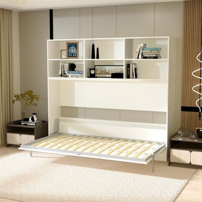 Ball & Cast Horizontal Murphy Bed Twin Size with Shelf Storage,Mordern Design Hideaway Cabinet Wall Bed w Gas Struts,Wood Folding Space-Saving Furniture for Bedroom,Student Dorms,White