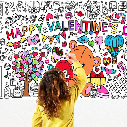EUVBOKW Giant Valentine's Day Coloring Tablecloth, Large Happy Valentine Coloring Poster for Home Birthday Party Supplies, 30x72 Inches
