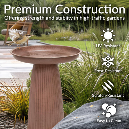 Sunnydaze Gleeful Garden 23" Iron Pedestal Bird Bath for Outside - Modern Shallow Basin Birdbath for Outdoors with UV-Protected Rust-Resistant Finish for Patio, Garden, Yard Decor - Matte Canyon Clay