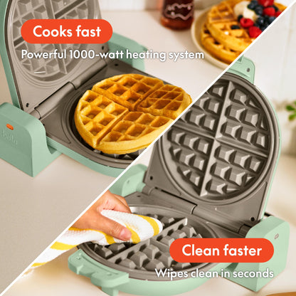 bella Flip-n-Store Waffle Maker with EverGood™ Ceramic Nonstick Coating, Fits-anywhere™ Kitchenware, Power Indicator Light, Cool Touch Handle & Cord Wrap, 7” Wide & 1" Deep Plates, 1000 Watt, Seaglass