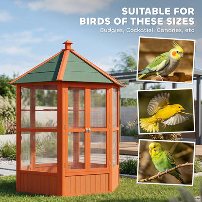 PawHut 69" Large Wooden Hexagonal Outdoor Aviary Flight Bird Cage with Covered Roof, Brown