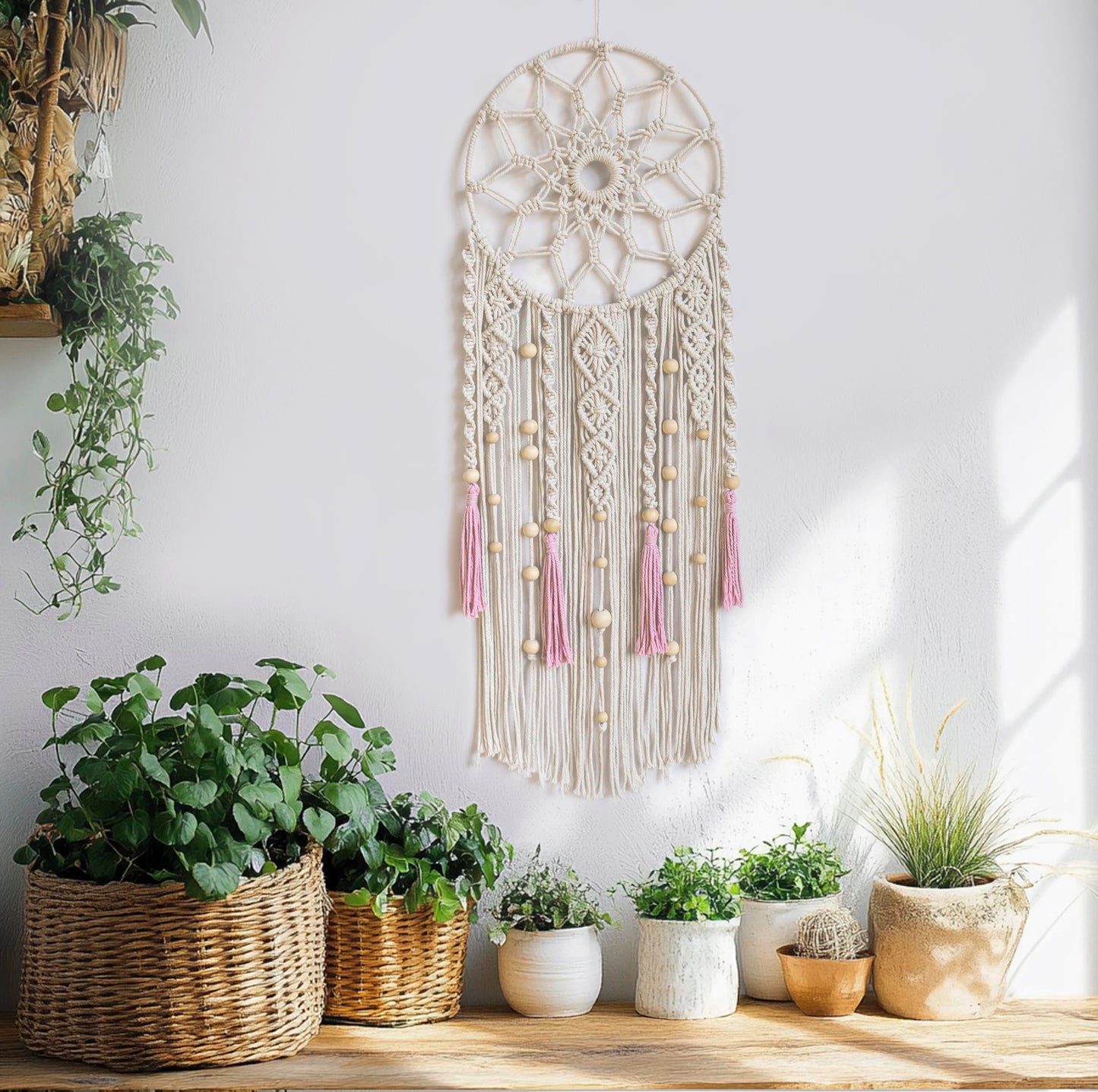LB Boho Pink Macrame Wall Hanging Flower Dream Catcher Handmade Woven Cotton Tapestry with Wood beads Modern Aesthetic Wall Art Decor for Home, Bedroom, Living Room