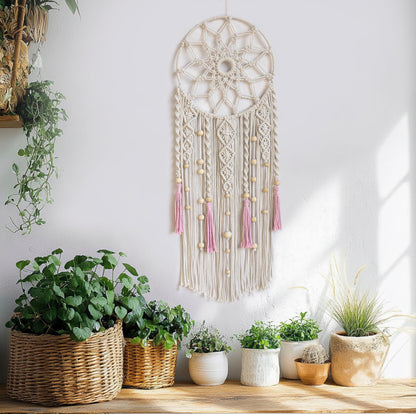 LB Boho Pink Macrame Wall Hanging Flower Dream Catcher Handmade Woven Cotton Tapestry with Wood beads Modern Aesthetic Wall Art Decor for Home, Bedroom, Living Room