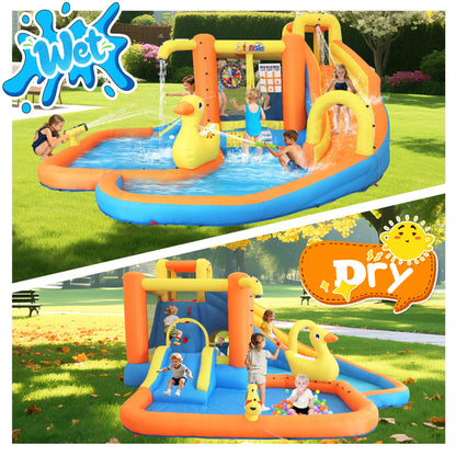 Inflatable Water Park for Kids 3-10yr, 12-in-1 Large Water Slide Bounce House with Dual Slide, Blower, 2 Splash Pools, Climbing Wall, Tunnel, Water Cannon, Basketball, Blow Up Water Slide for Backyard