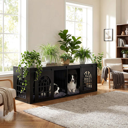 IRONCK 90.2" Double Room Dog Crate Furniture with Sliding Doors– Heavy Duty Wooden Dog Kennel with Hinged Divider, TV Stand & End Table for Large to Medium Dogs, Black
