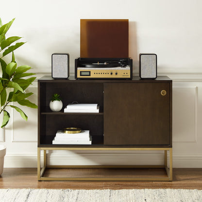 Crosley Furniture Byron Media Console and Record Player Stand with Storage for Vinyl Records, Dark Brown/Gold