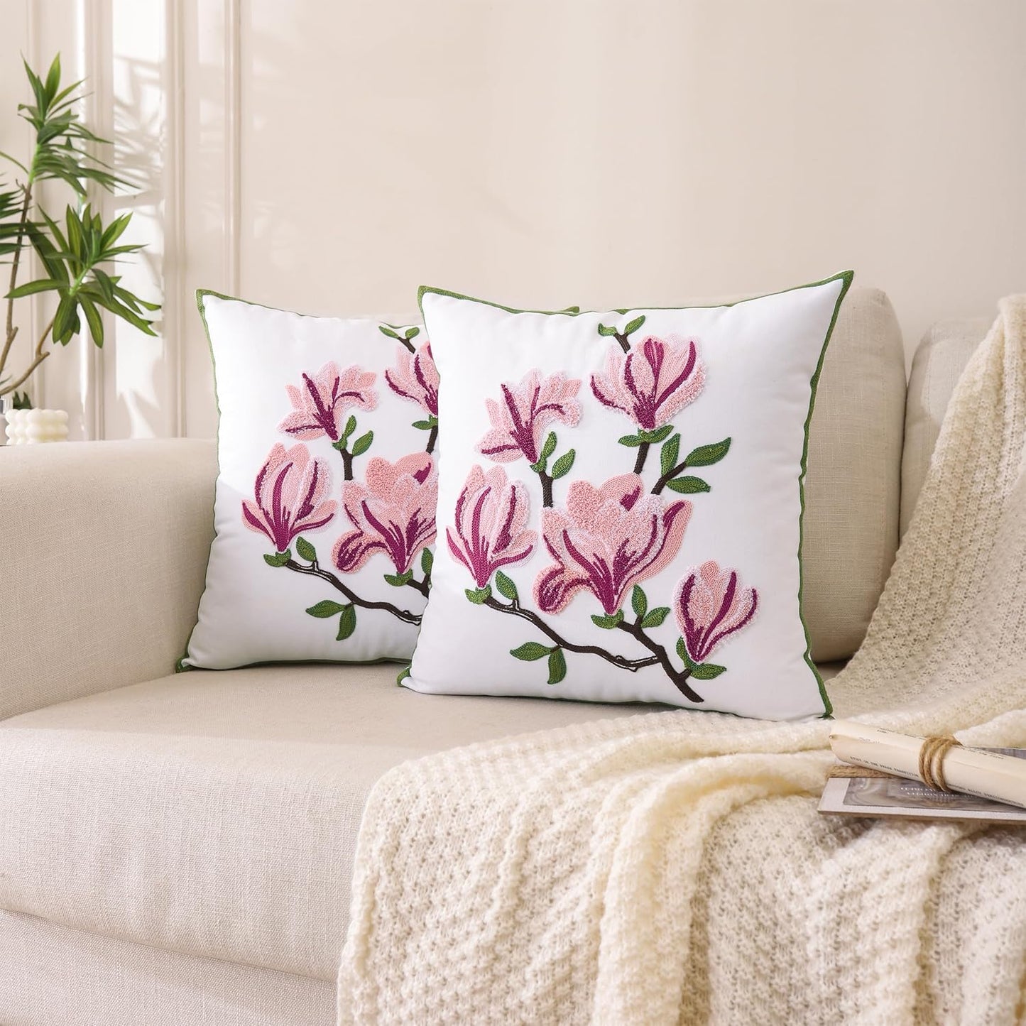 Embroidered Throw Pillow Covers 18x18 Inch Set of 2, Pink Magnolia Flower Spring Pillowcases for Living Room