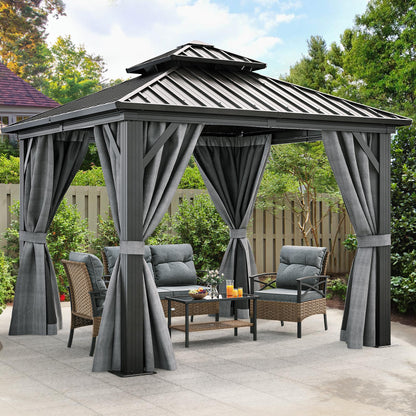 YITAHOME 10X10FT Hard Top Metal Gazebo Patios Double Roof Canopy Aluminum Frame Garden Gazebo Tent Curtains Netting for Patios Backyards Decks Lawns Gray