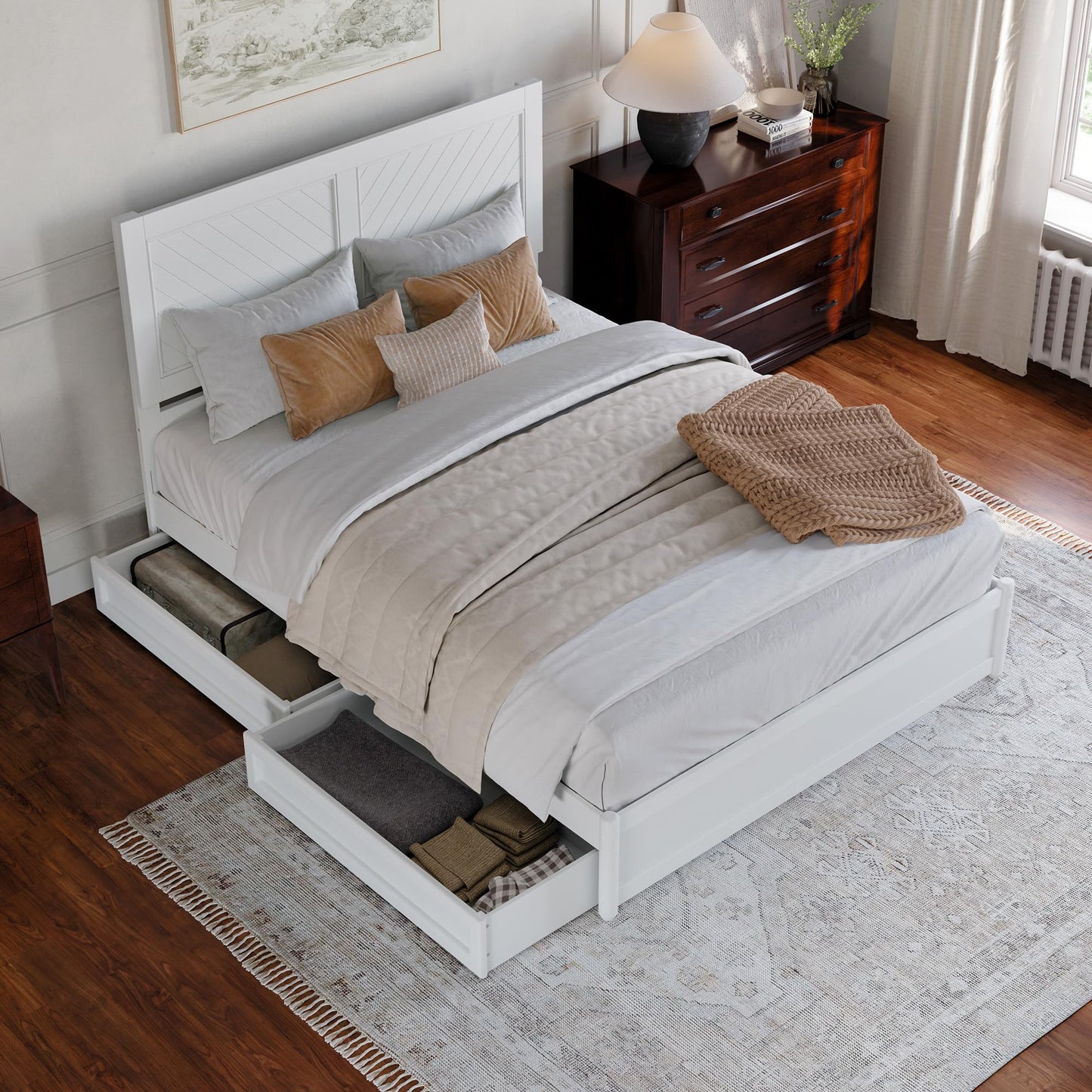 AFI, Clayton Queen Platform Bed with Panel Footboard & Storage Drawers, White