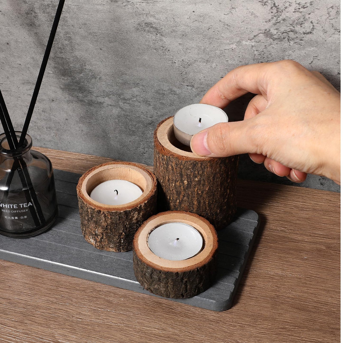 Set of 15 Rustic Wooden Tea Light Candle Holders | Natural Wood Votive Holders in 3 Sizes for Wedding, Party, and Home Table Decor