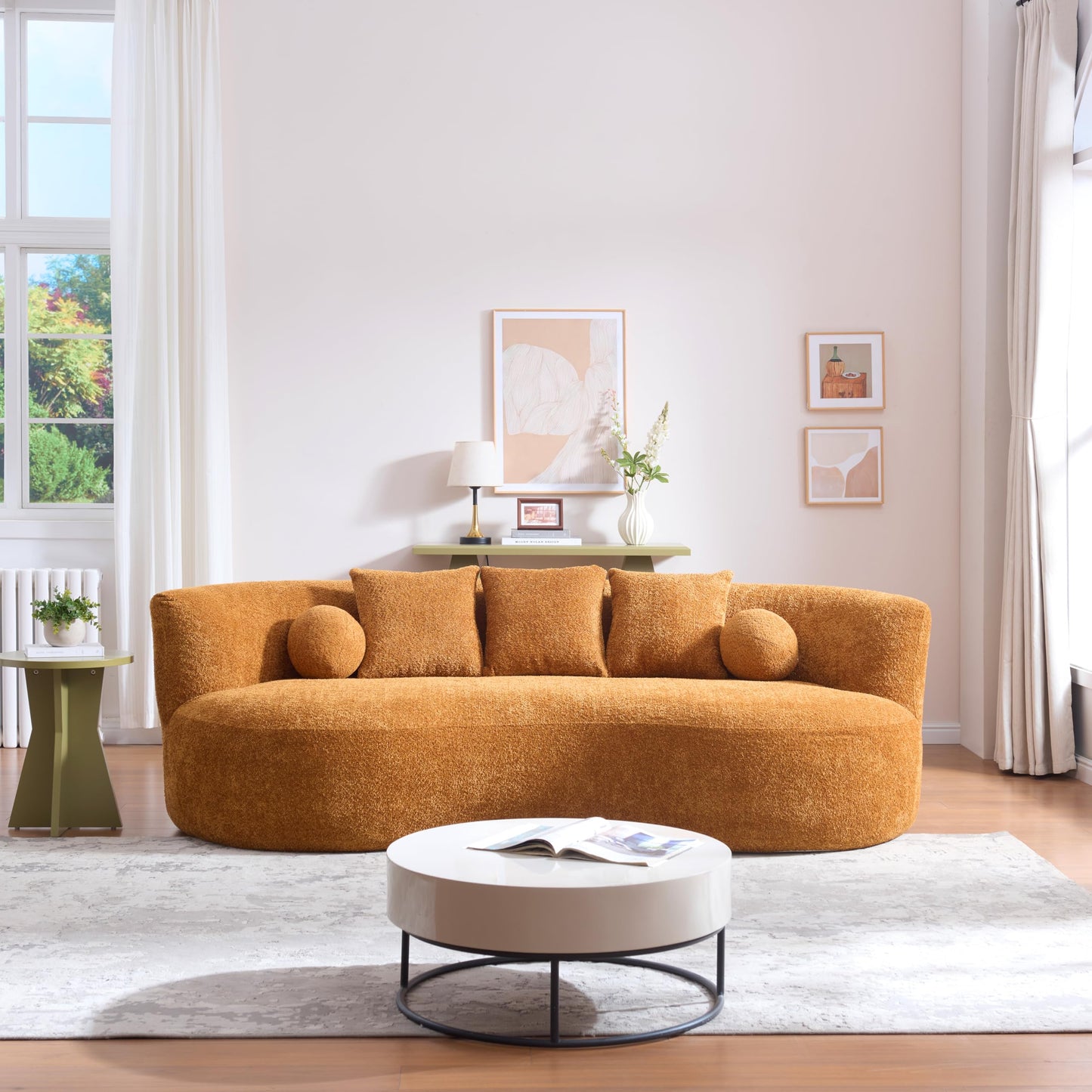 Christopher Knight Home Nomad Curved Sofa, 90" Boucle Upholstered 3 Seater Couch with Decor Cushions, Modern Cloud Couch with Deep Seat, Fabric Upholstered Seating Set for Living Room Bedroom, Camel