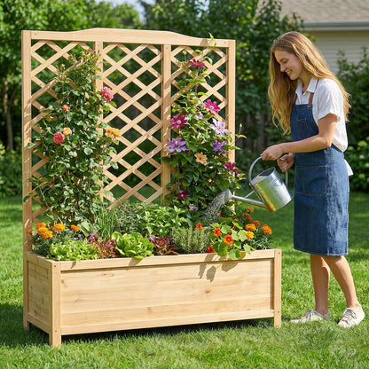 UrGROWA Wooden Raised Garden Bed with Trellis, Freestanding Planter Box with Drainage for Vines Climbing Plants Flowers Herbs, Elevated Gardening Planter for Backyard Balcony Patio