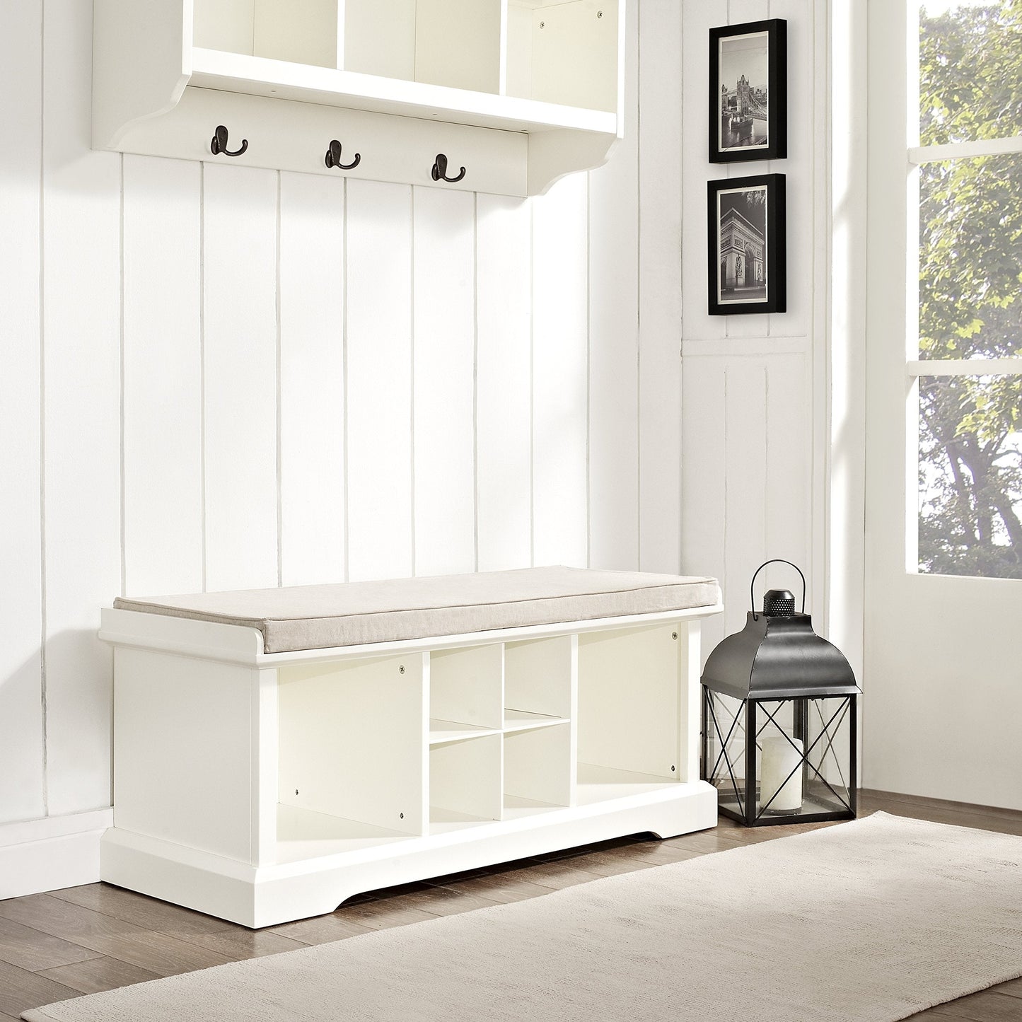 Crosley Furniture Brennan Entryway Storage Bench with Bins and a Shoe Rack Organizer, White