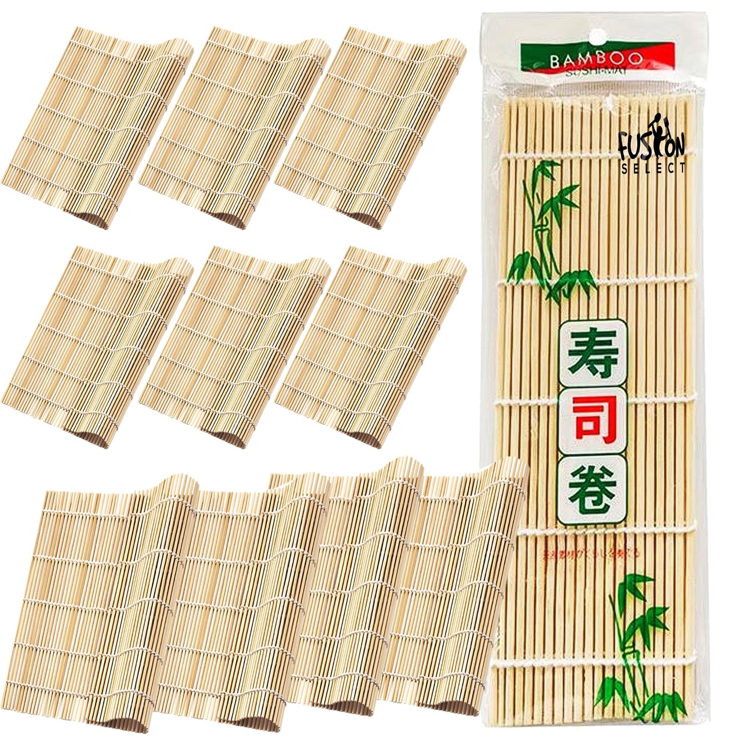 Fusion Select 10 Pk Bamboo Sushi Mat - Sushi Roller Mat for Making, Shaping & Molding Sushi Roll & Kimbap - Food-Safe Sushi Making Supplies, Tools & Accessories - Made of Natural Bamboo - 9.5x9.5