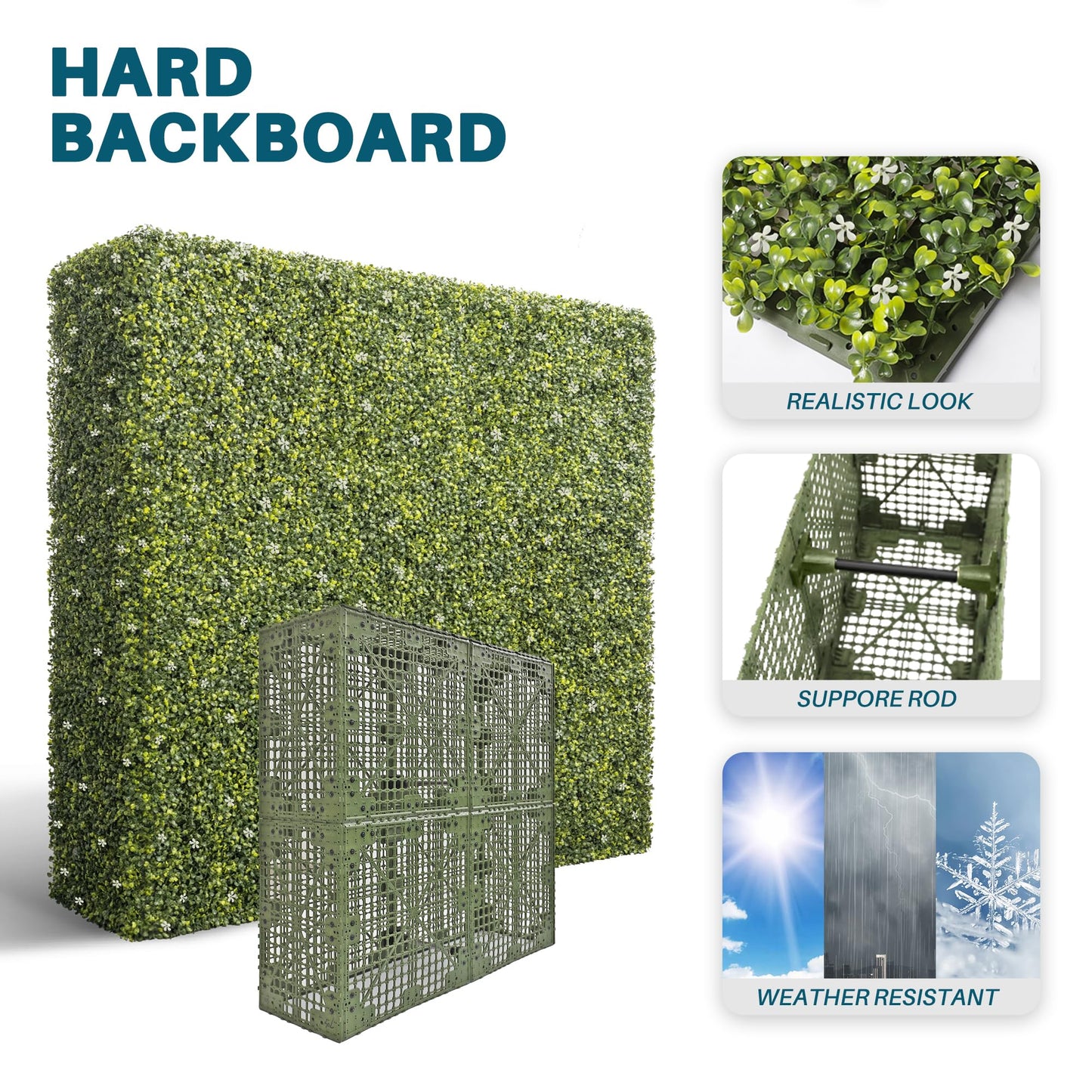 COARBOR 54" x 72" x 6" Artificial Boxwood Hedge Wall Milan with White Flowers Interior Divider Privacy Fence Faux Greenery Backdrop for Home Decor, Party Decor, Backyard Balcony Deck