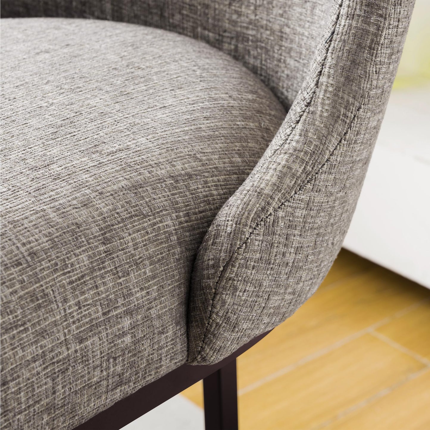 Leick Home 214965 Barrelback Counter Stool with Metal Base, Set of 4, for Elevated Kitchen Counters, High Top Tables, and Bars, Modern Gray Linen Seat and Brown Metal Base