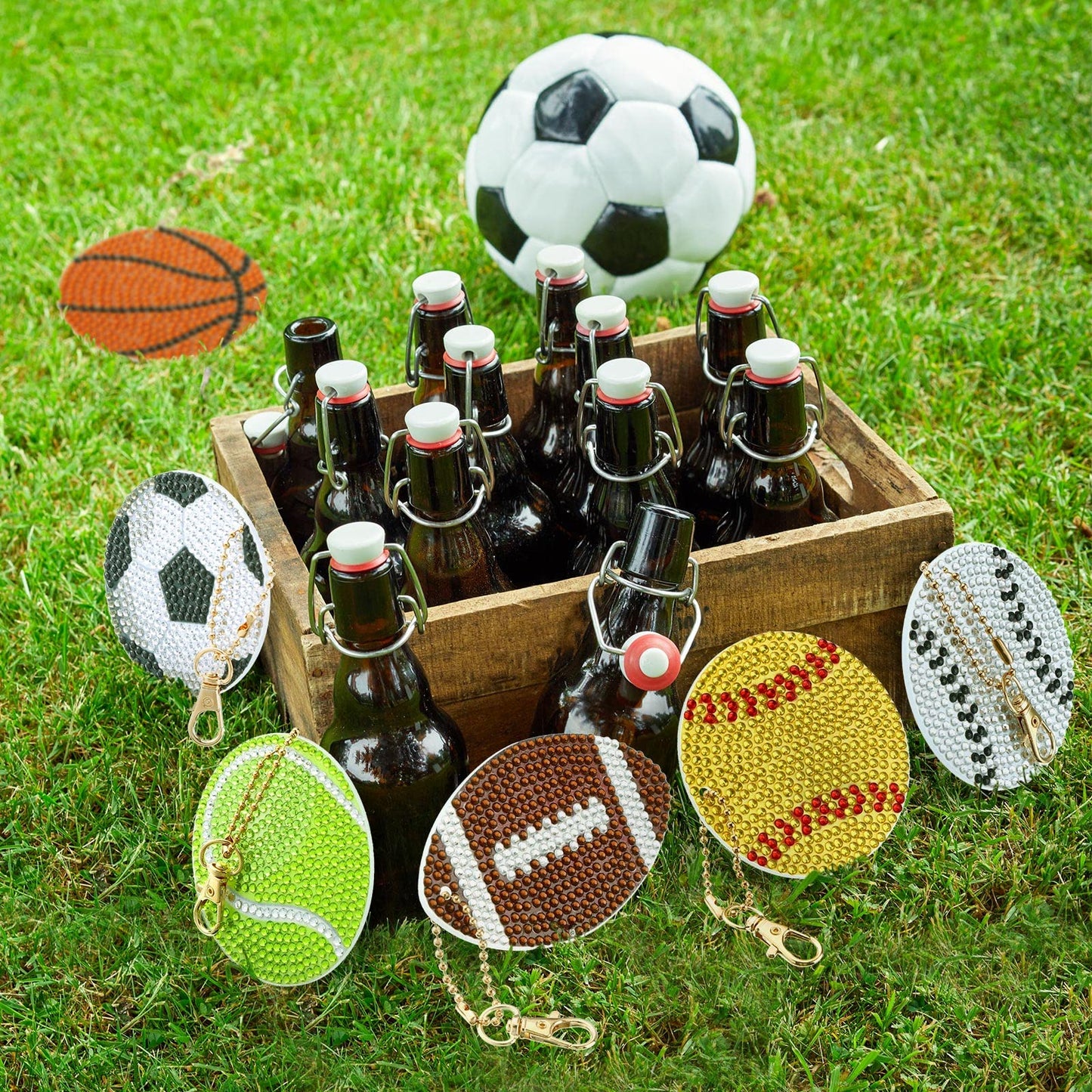 Tudomro 24 Pcs Sports Balls DIY Diamond Art Painting Keychain Kits 5D Soccer Football Baseball Softball Ball Drill Art Key Chain Set for Sports