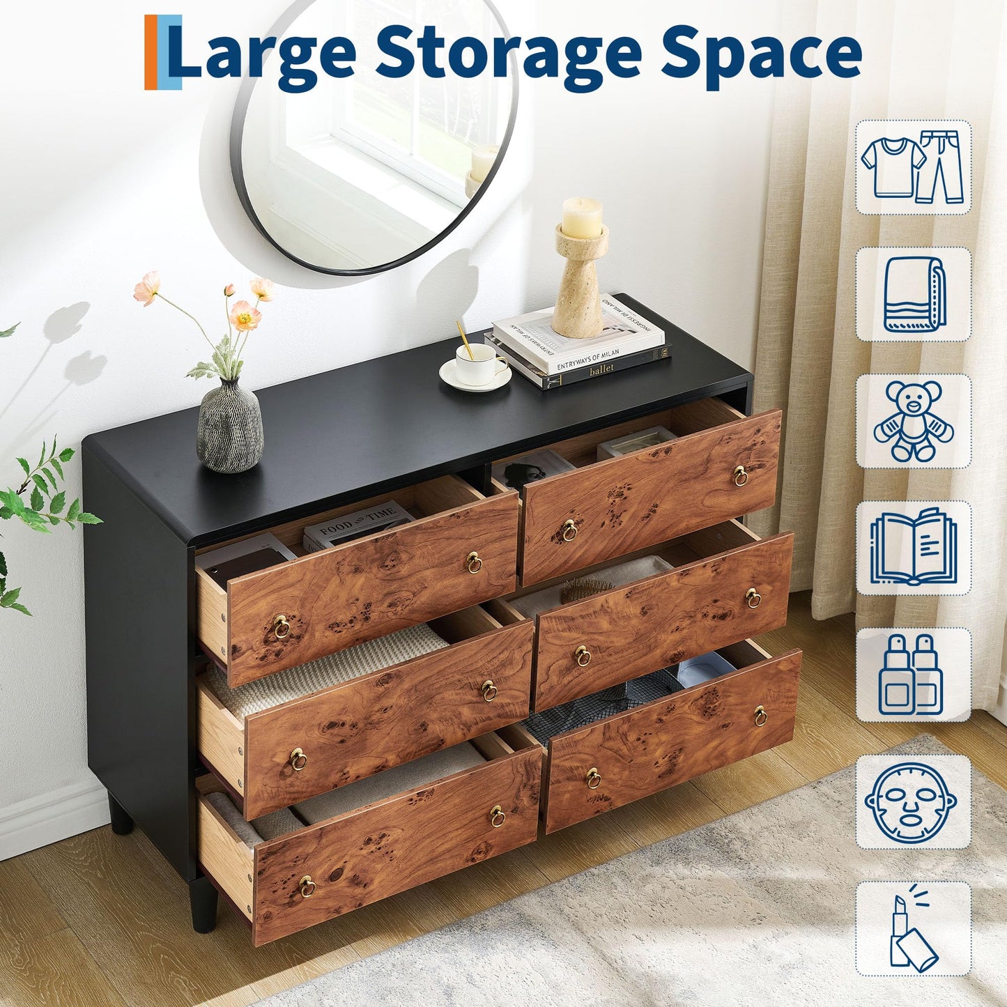 IDEALHOUSE 6 Drawers Dresser for Bedroom, 47" Wide Modern Chest of Drawers with Vintage Circle Handle w/Curved Profile Design, Wood Dresser for Living Room, Hallway, Entryway, Natural Oak
