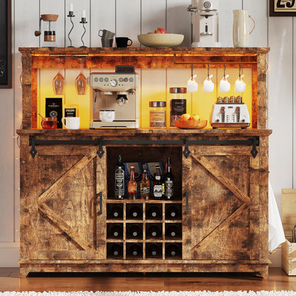 IDEALHOUSE 55" Farmhouse Coffee Bar Cabinet with Power Outlet & LED Light - Sliding Barn Door Buffet with Removable Wine Rack, 2-Tier Drawers, for Kitchen, Dining & Living Room, Brown