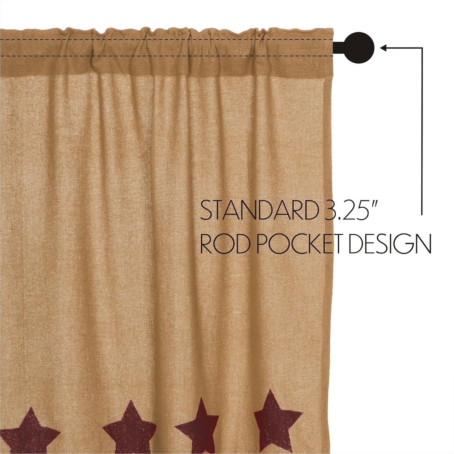 Burlap Natural with Burgundy Stars Primitive 16"x72" Valance, Stenciled Cotton Kitchen Window Curtains