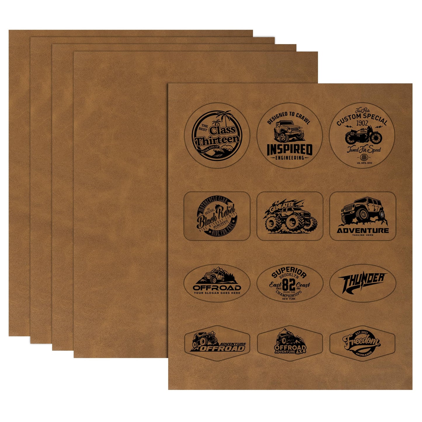 BUVKHMX 5 Pack Blank Laser Engravable Leatherette Sheets/Faux Leather Hat Patches for Laser Engraving with Heat Press Adhesive, Cut to Any Size & Shape for DIY Craft Material (Khaki)