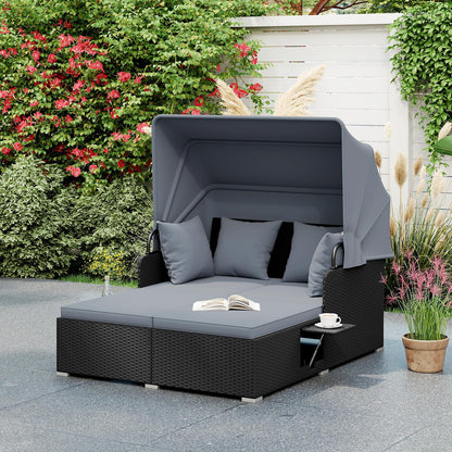 DREAMADE Outdoor Daybed with Canopy, 2 Person Rattan Sunbed with Cushions, 4 Pillows & 2 Foldable Side Trays, Patio Daybed for Backyard, Garden, Poolside, Balcony (Grey)