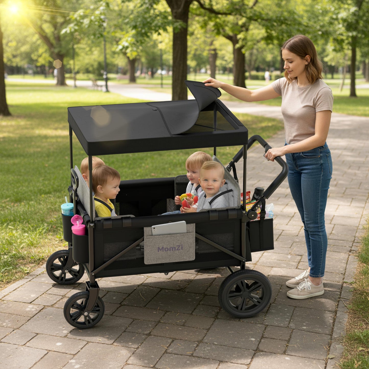 MomZi 4 Seater Wagon Stroller for Kids, Collapsible Wagon Stroller with Removable Canopy, Foldable Stroller Wagon with Seat and Storage Pocket for Baby Toddlers Black