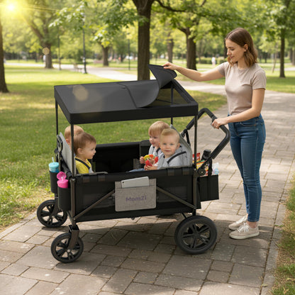 MomZi 4 Seater Wagon Stroller for Kids, Collapsible Wagon Stroller with Removable Canopy, Foldable Stroller Wagon with Seat and Storage Pocket for Baby Toddlers Black