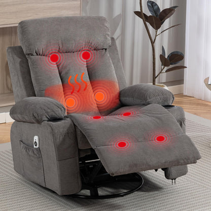 WINVO Rocker Recliner, Glider Recliner Chairs for Adults, 360° Swivel Recliner Chair w/Massage and Heating, Nursery Chair with Rocking Function, Side Pocket, Cup Holders for Living Room, Bedroom, Grey