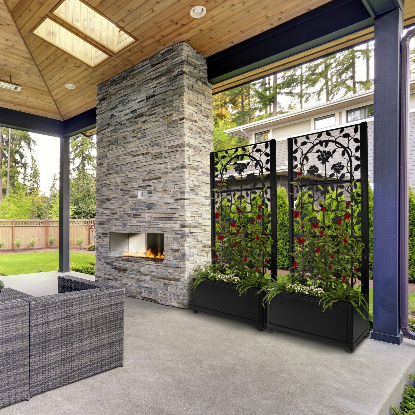 H Potter Black Metal Trellis Planter with Wheels 75” Tall Privacy Screen for Patio Deck Balcony
