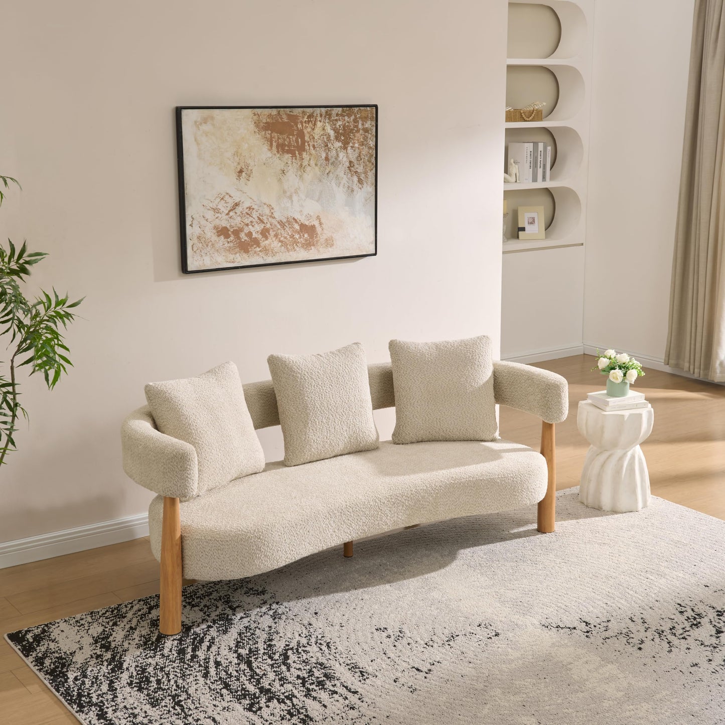 Christopher Knight Home Yulez Curved 3-Seater Sofa Couch with 3 Accent Pillows, Boucle Fabric Upholstered Lounge Seating, 76.5'' Home Office Bedroom Sofa Chair, Comfy Wooden Frame Sofa, Sesame Beige