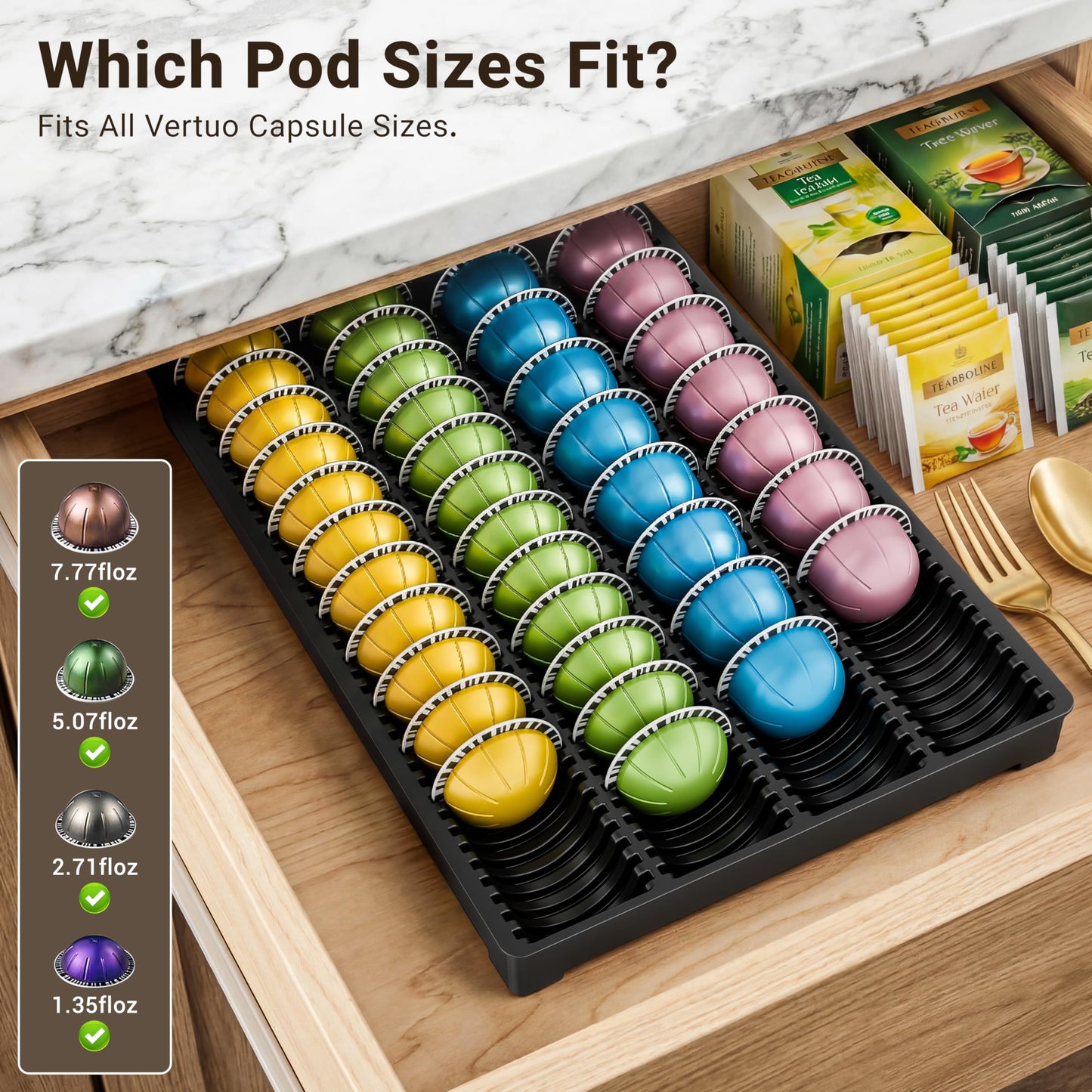 EVERIE Drawer Coffee Pod Organizer for Vertuo Capsules – Holds Up to 40 Large or 52 Small Pods, Space-Saving Insert Tray, Fits Kitchen Cabinets, 15.4" x 10.2" x 1.2"